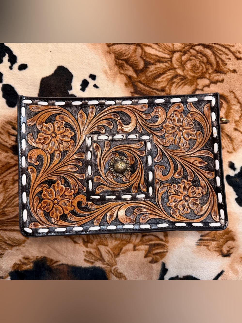 Tooled Floral Leather Bag- Brown & Black